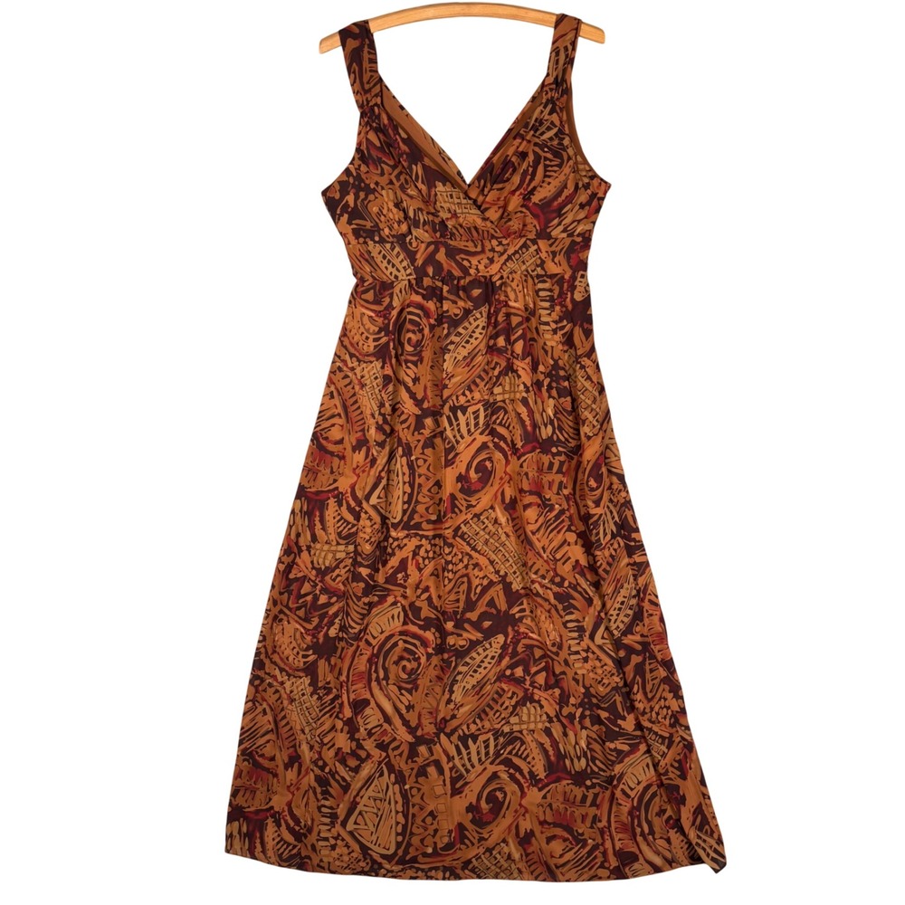 Robbie Bee Womens Abstract Tribal Print Babydoll Maxi Dress Brown Orange Size 10